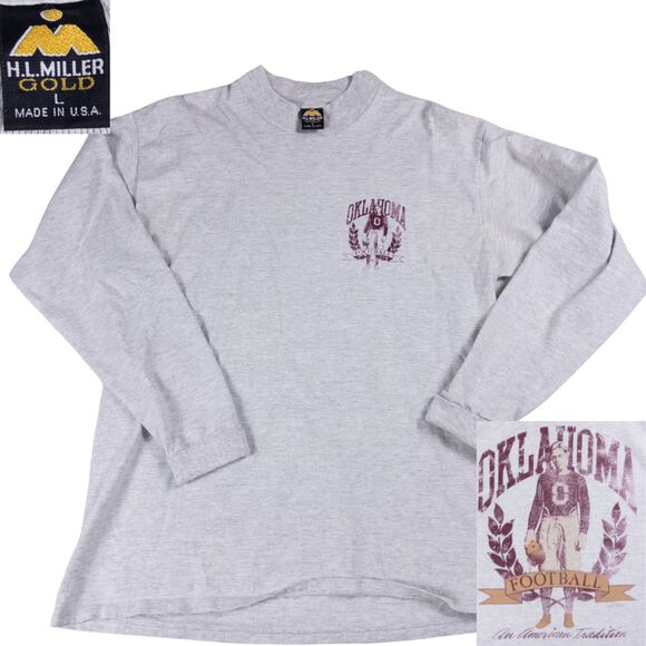 Vintage Oklahoma Football Single Stitch Mockneck L USA Made 90s Gray Tee - Picture 1 of 9